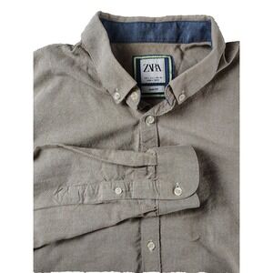 Zara Large Slim Fit Long Sleeve Men's Beige Button‎ Down Collar Shirt Dress